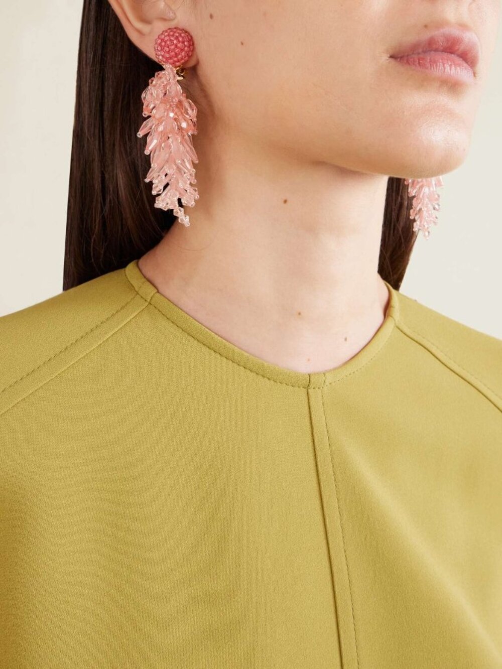 OSCAR DE LA RENTA Cluster Tasseled Beaded Clip Earrings Pink Gold-Tone